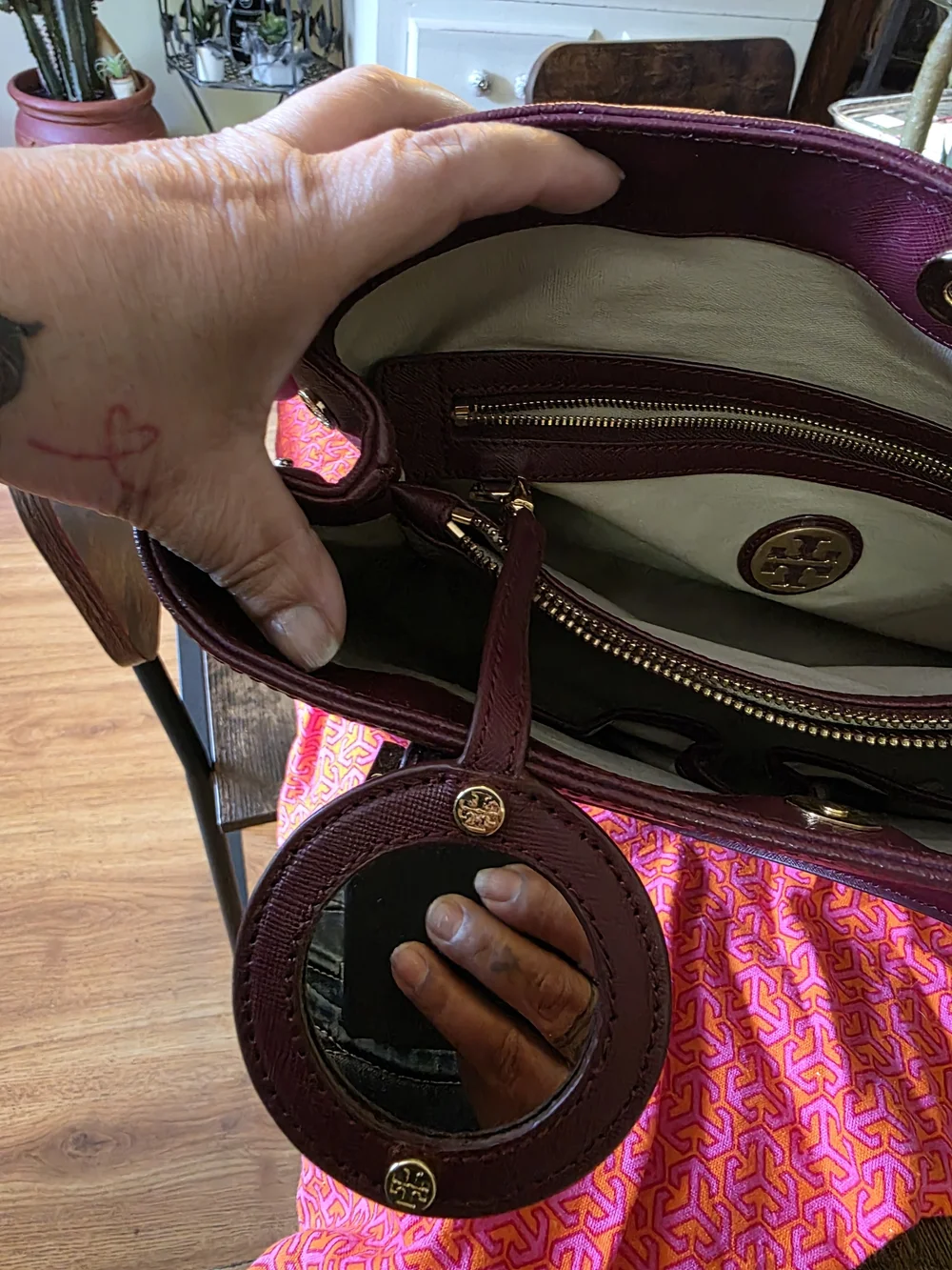 Tory Burch Plum Leather Double-Handle Tote with Gold Logo